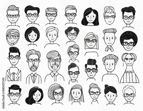 Set of people faces hand drawn in doodle style.Black lines and silhuette.Social network concept.Vector illustration.