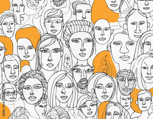 Set of people faces hand drawn in doodle style.Black lines and silhuette.Social network concept.Vector illustration.