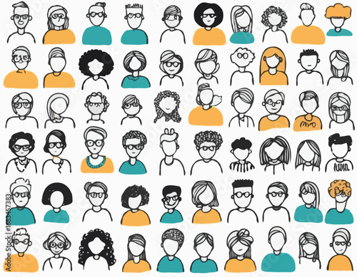 Set of people faces hand drawn in doodle style.Black lines and silhuette.Social network concept.Vector illustration.
