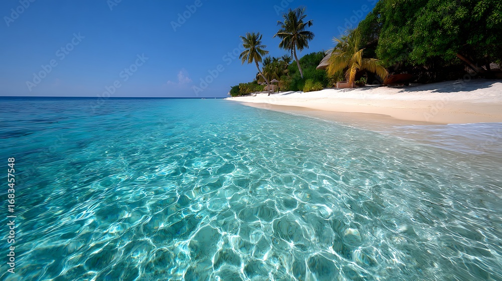 Fototapeta premium Crystal Clear Tropical Waters with White Sand Beach and Palm Trees in Paradise Scene