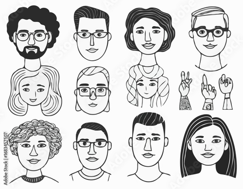 Set of people faces hand drawn in doodle style.Black lines and silhuette.Social network concept.Vector illustration.