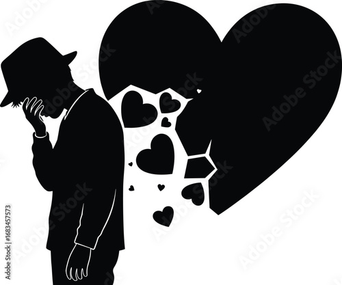Heartbreak, sadness, emotional pain, broken heart silhouette, man in distress, grief, sorrow, loneliness, depression, love loss, despair, relationship breakup, emotional turmoil,