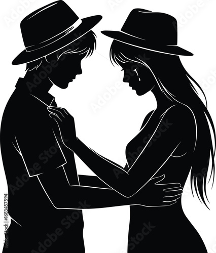 Black and white silhouette emotional couple, intimate moment, tearful woman, comforting man, love, sadness, relationship, romance, emotional support, dramatic art illustration