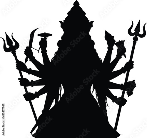 Silhouette, multi‑armed, Hindu, goddess, Durga, Kali, deity, spiritual, divine, trident, sword, crown, symmetrical, black, figure, mythology, religious, icon, cultural, art
