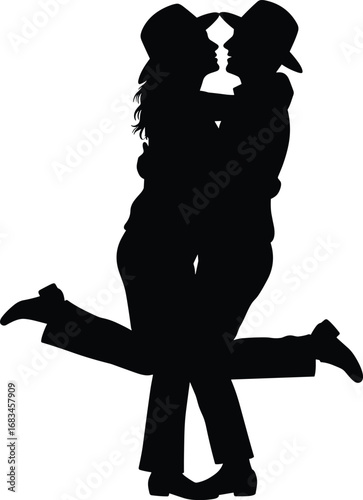 Romantic cowboy couple silhouette, western love pose, country romance scene, affectionate partners kissing, rural lifestyle passion, vintage western lovers, sunset embrace art