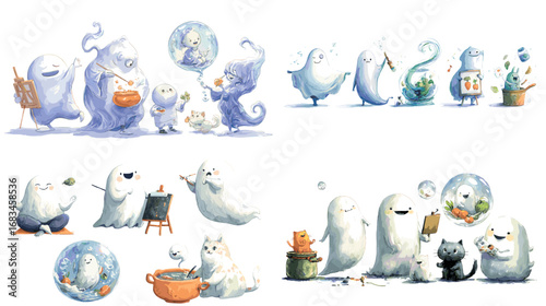 Adorable watercolor illustration of ghosts painting, cooking, and playing with pets. Fun kawaii lifestyle character set with creative activities.