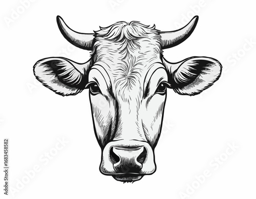 Farm cow head sketch hand drawn line art engraving Vector illustration
