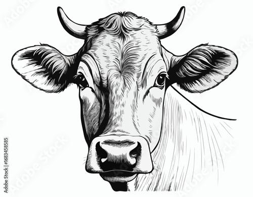 Farm cow head sketch hand drawn line art engraving Vector illustration