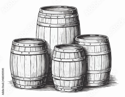 Wooden barrels of wine vintage sketch hand drawn engraved style Vector illustration