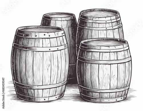 Wooden barrels of wine vintage sketch hand drawn engraved style Vector illustration