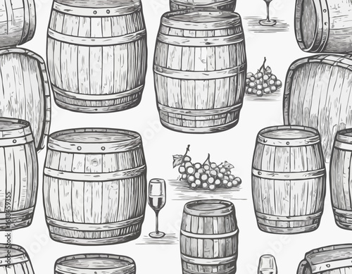 Wooden barrels of wine vintage sketch hand drawn engraved style Vector illustration