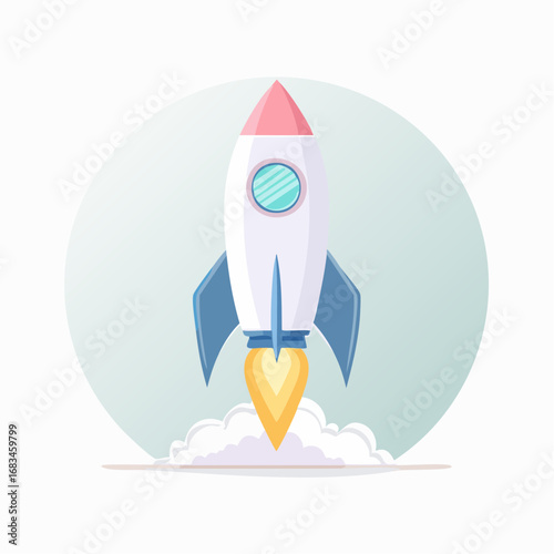 A cartoon rocket launching upwards, flames igniting, against a soft green circle background.