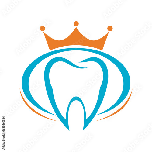 Blue tooth shape with orange crown and abstract oval design dental