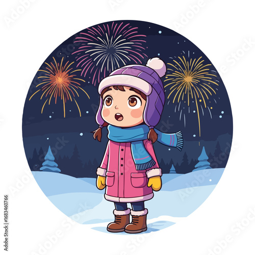 A cute little cartoon girl in winter clothes celebrates Christmas with a snowman and a decorated tree under a starry night