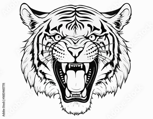 Angry tiger head with roaring mouth hand drawn sketch engraving style vector illustration