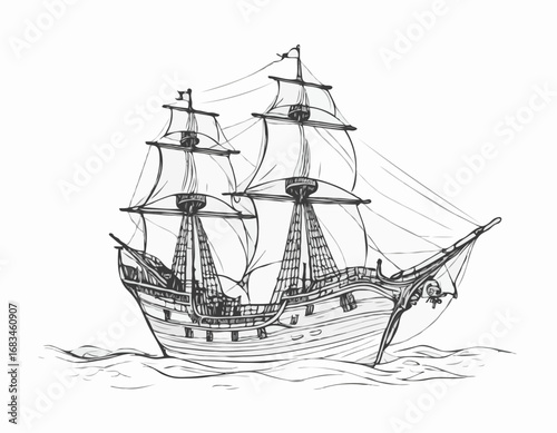 Pirate ship hand drawn sketch Vector illustration
