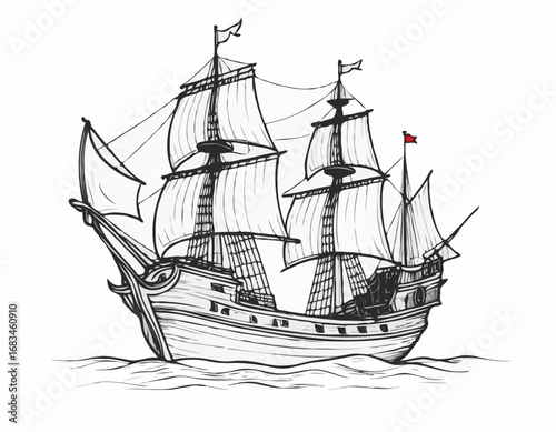 Pirate ship hand drawn sketch Vector illustration