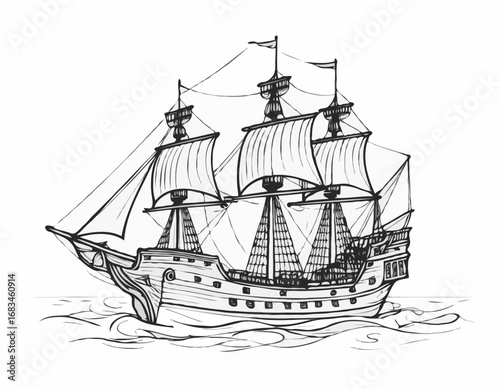 Pirate ship hand drawn sketch Vector illustration