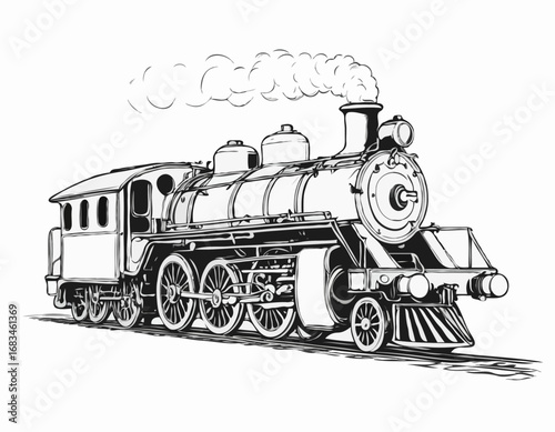 Steam locomotive old retro sketch hand drawn side view.Vector illustration.