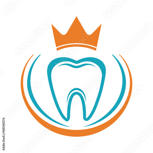 Teal tooth with orange crown and curved orange and teal lines dental health