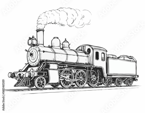 Steam locomotive old retro sketch hand drawn side view.Vector illustration.