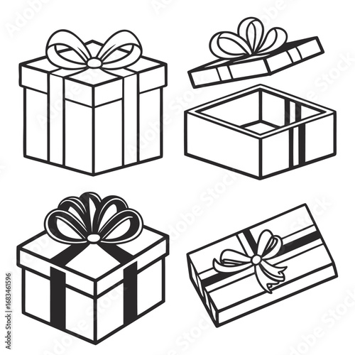 Illustration showing four gift boxes with ribbons in various orientations and open and closed states