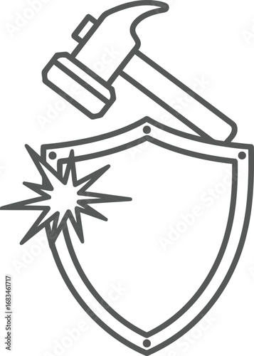 Hammer striking shield icon representing impact resistance protection and strength in a simple line art design vector