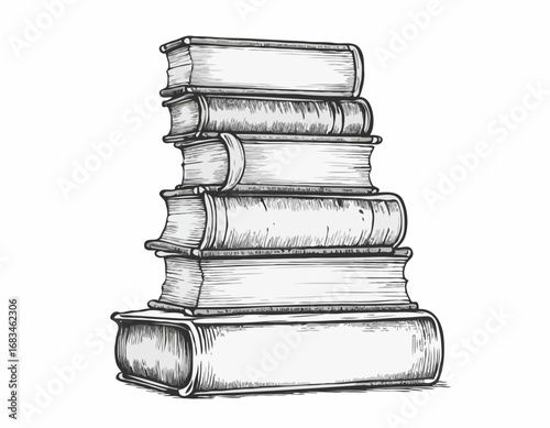 Vertical stack of old vintage books sketch, hand drawn in doodle style Vector illustration.
