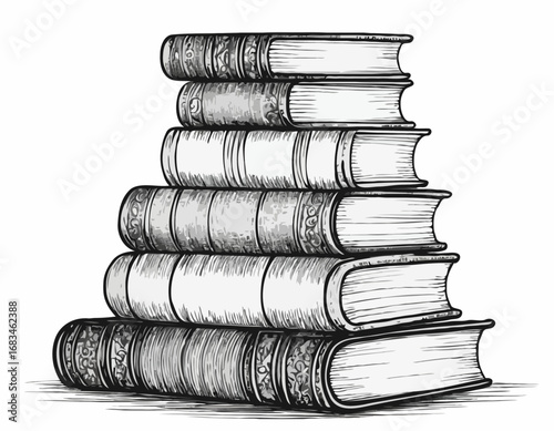 Vertical stack of old vintage books sketch, hand drawn in doodle style Vector illustration.