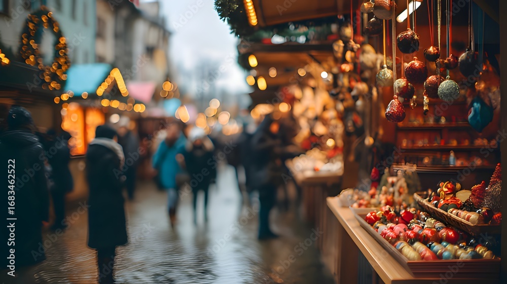 Fototapeta premium People shopping at Christmas market with hanging ornaments and festive lights