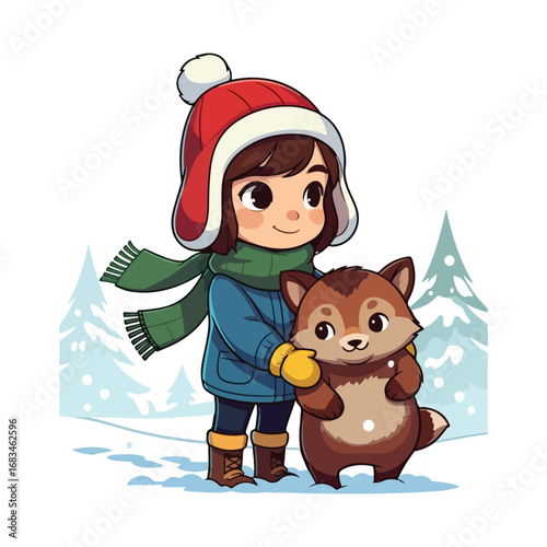 A jolly Santa Claus and his happy dog stand together in a festive winter scene with a decorated Christmas tree