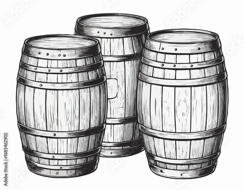Three vintage wooden barrels for wine and beer hand drawn sketch engraving style Vector illustration