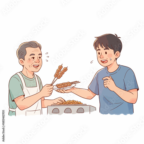 Illustration of a Man Buying Satay
