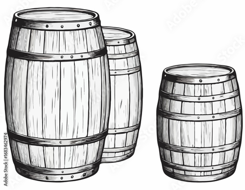 Three vintage wooden barrels for wine and beer hand drawn sketch engraving style Vector illustration