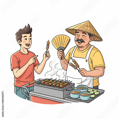 Illustration of a Man Buying Satay