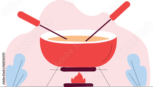 "Flat vector illustration of a cozy fondue pot with dipping sticks over a small flame – perfect for food blogs, culinary websites, cooking apps, lifestyle branding, recipe graphics, and creative proje