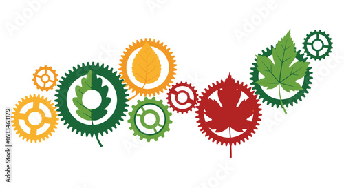 Dynamic gears and vibrant leaves symbolize innovation, nature, and interconnected systems beautifully
