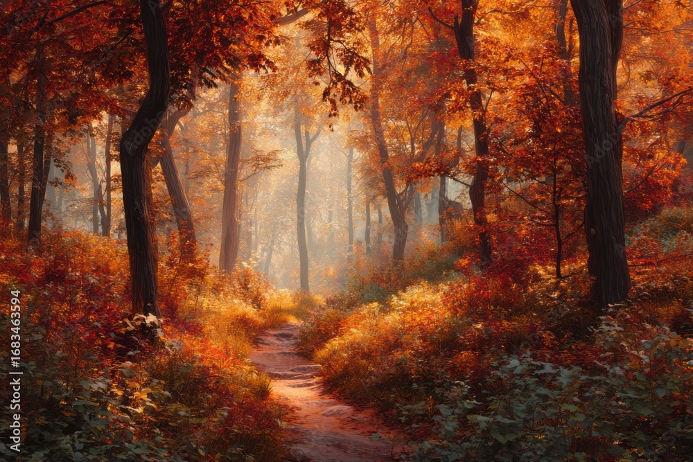 Fototapeta premium A serene autumn forest trail covered with golden leaves, creating a picturesque path through the trees.