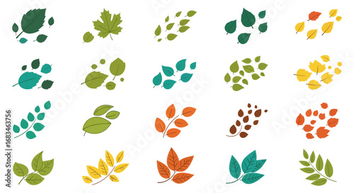 Colorful autumn leaves in various styles create a vibrant natural design element