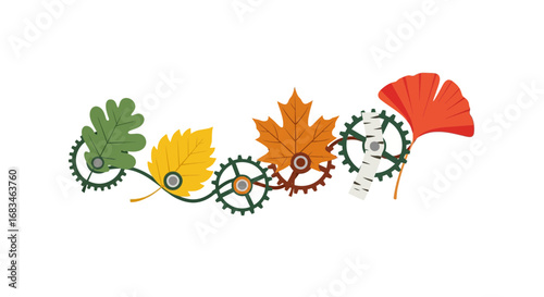 Autumn leaves and gears create a unique design perfect for nature, seasons, and concepts
