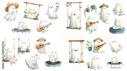 Whimsical watercolor illustration of friendly ghosts playing guitar, swinging, meditating, and gardening. Cozy lifestyle character set with playful vibes.