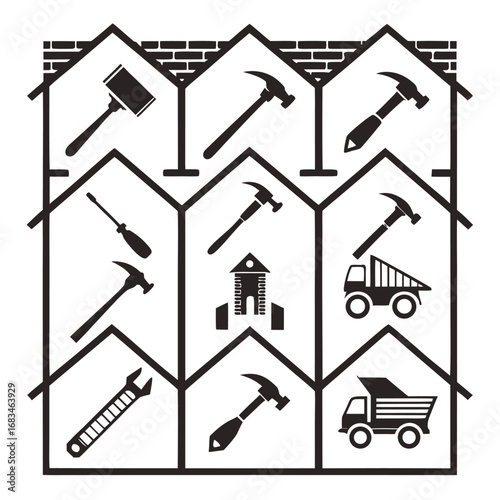 Black and white construction tools and trucks inside house shaped compartments in a grid pattern