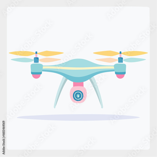 A light blue drone with yellow propellers hovers, camera pointed downwards.