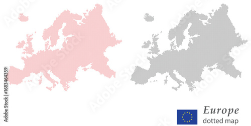 Europe dotted map vector — halftone continent silhouette with EU flag
Halftone Europe map outline — dotted European continent vector
European Union dotted map — pixel dot Europe silhouette vector