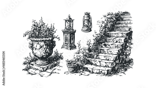 Ornate stone planter and antique lamp with overgrown steps. Vector hand drawn illustration