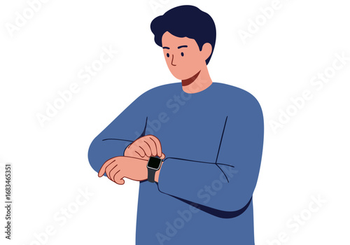A young man adjusts his smartwatch, looking thoughtful. Clean, modern illustration style. Focus on detail and a subtle expression.