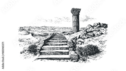 Ancient stone steps leading to a weathered column in a desert landscape. Vector hand drawn illustration