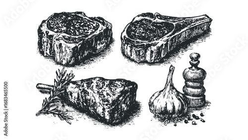 Hand Drawn Collection of Meat Cuts, Garlic, and Rosemary with Pepper Grinder. Vector hand drawn illustration