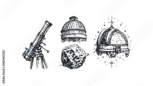 Hand-drawn celestial objects and observatory domes on transparent background. Vector hand drawn illustration