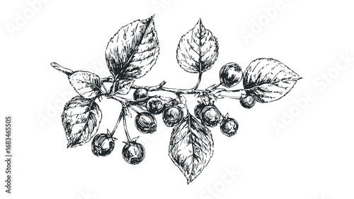 Hand drawn branch with berries and leaves in sketch style. Vector hand drawn illustration